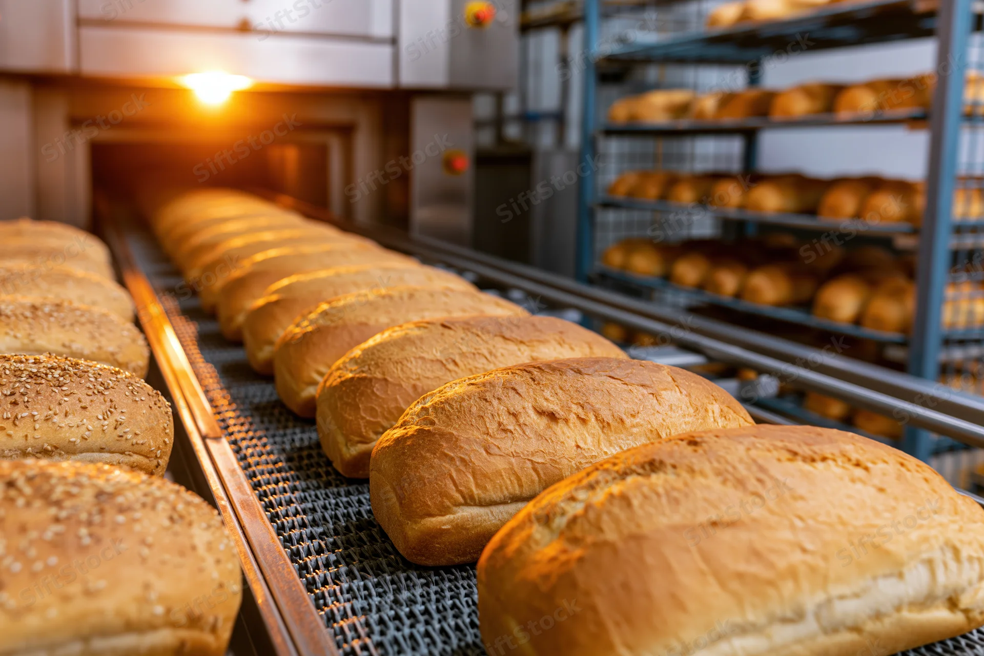 Golden-brown bread loaves moving along a conveyor belt in a bakery production line