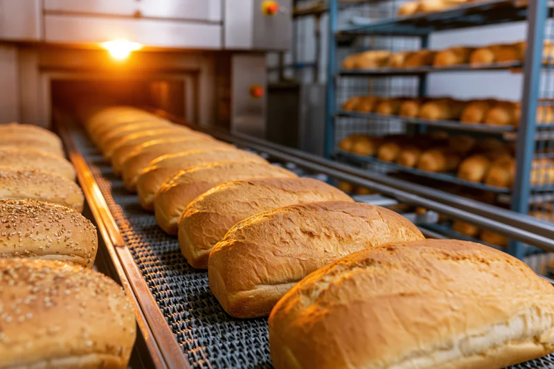 Golden-brown bread loaves moving along a conveyor belt in a bakery production line