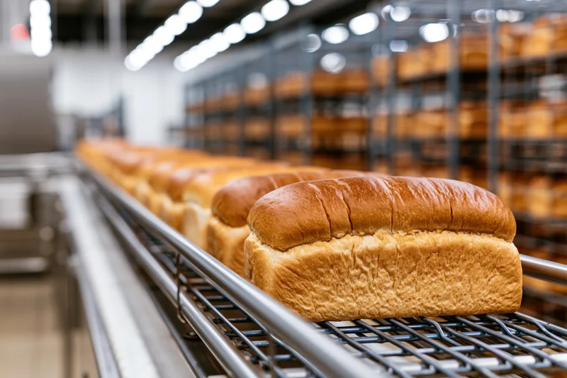 Freshly baked sandwich loaves moving along a conveyor belt in a bakery production facility