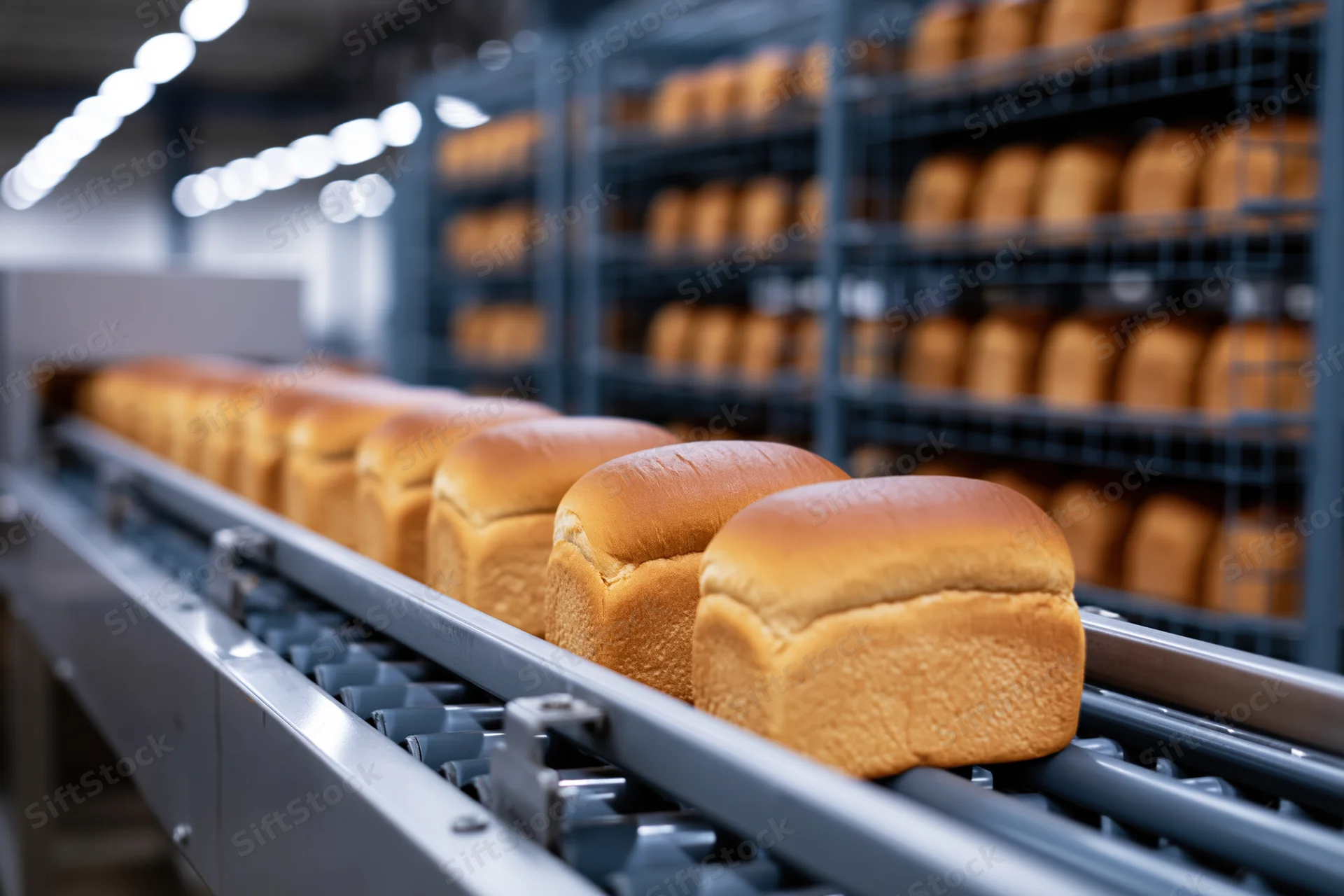 Freshly baked sandwich loaves moving along a conveyor belt in a bakery factory