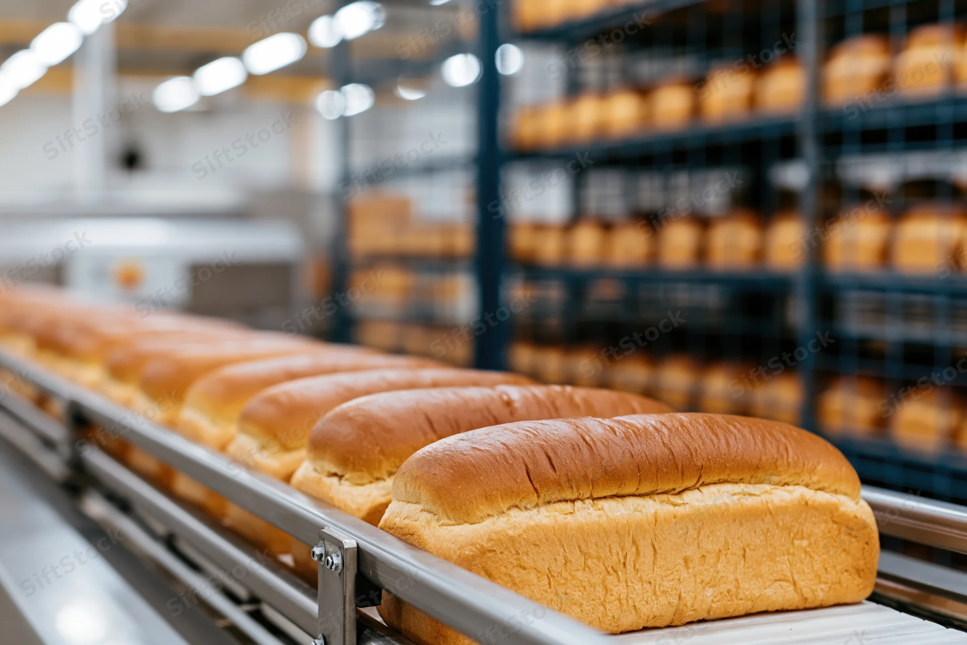 Freshly baked sandwich loaves moving along a conveyor belt in a bakery factory
