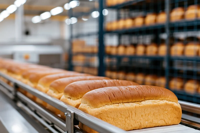Freshly baked sandwich loaves moving along a conveyor belt in a bakery factory