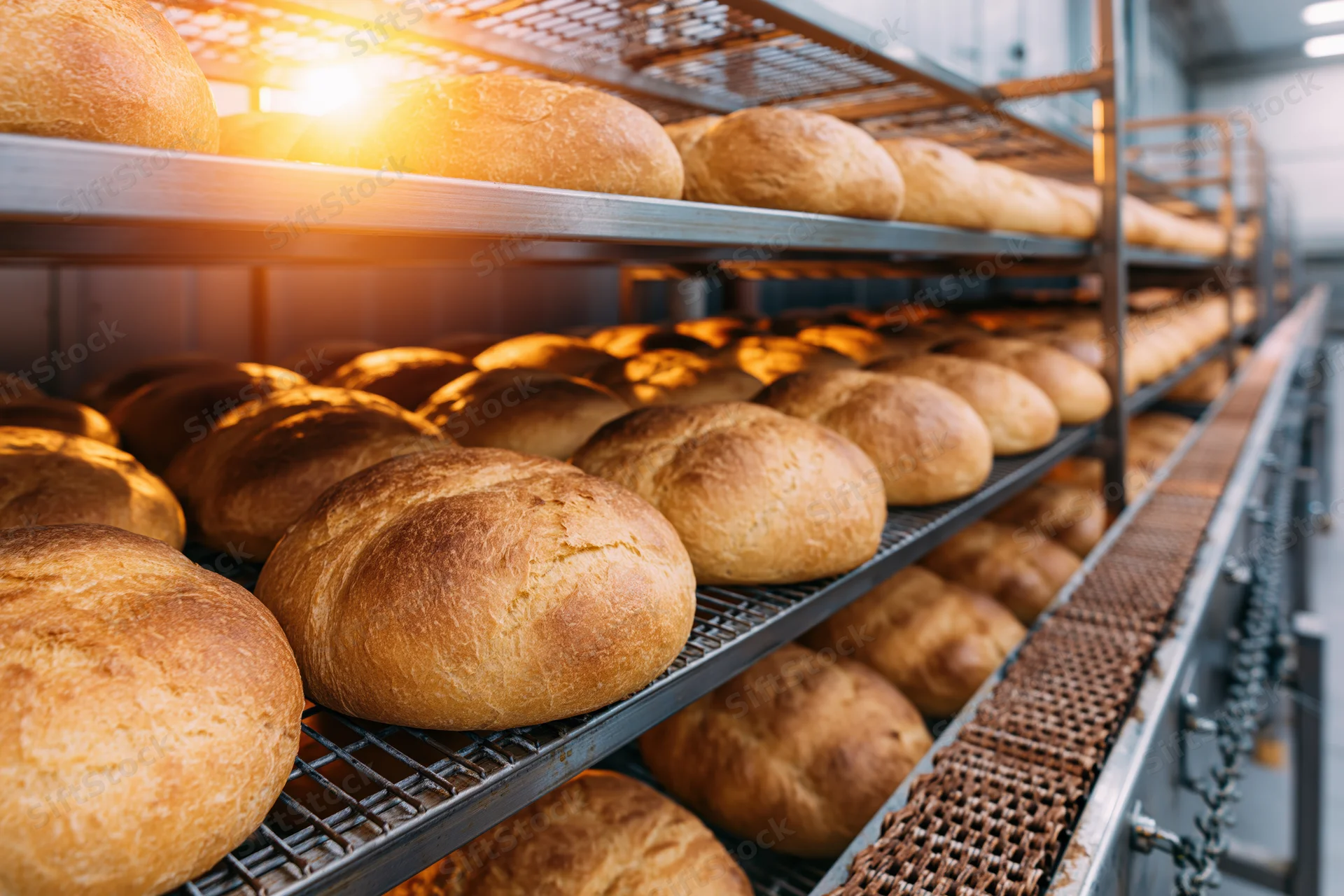 Rows of freshly baked round bread loaves cooling on metal wire racks in a bakery production facility