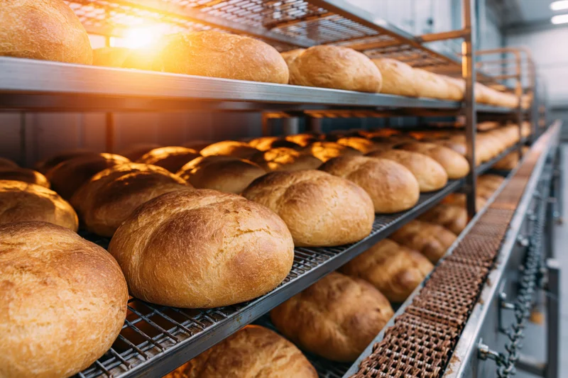 Rows of freshly baked round bread loaves cooling on metal wire racks in a bakery production facility
