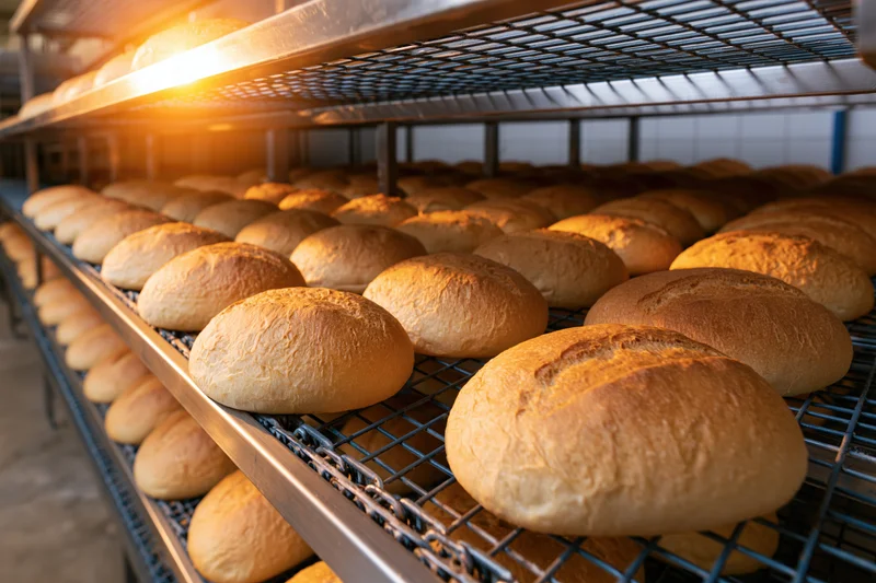 Rows of freshly baked round bread loaves cooling on metal wire racks in a bakery kitchen