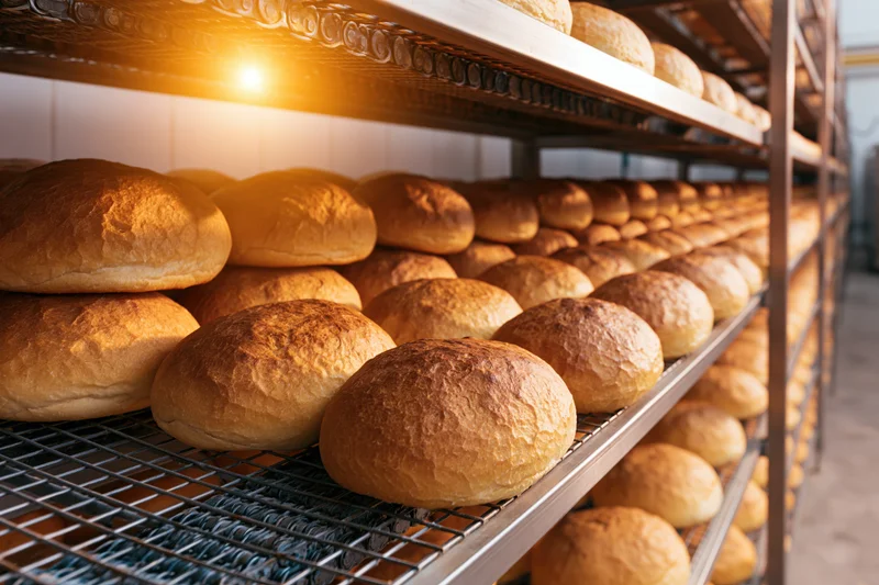 Rows of freshly baked round bread loaves cooling on metal wire racks in a bakery kitchen