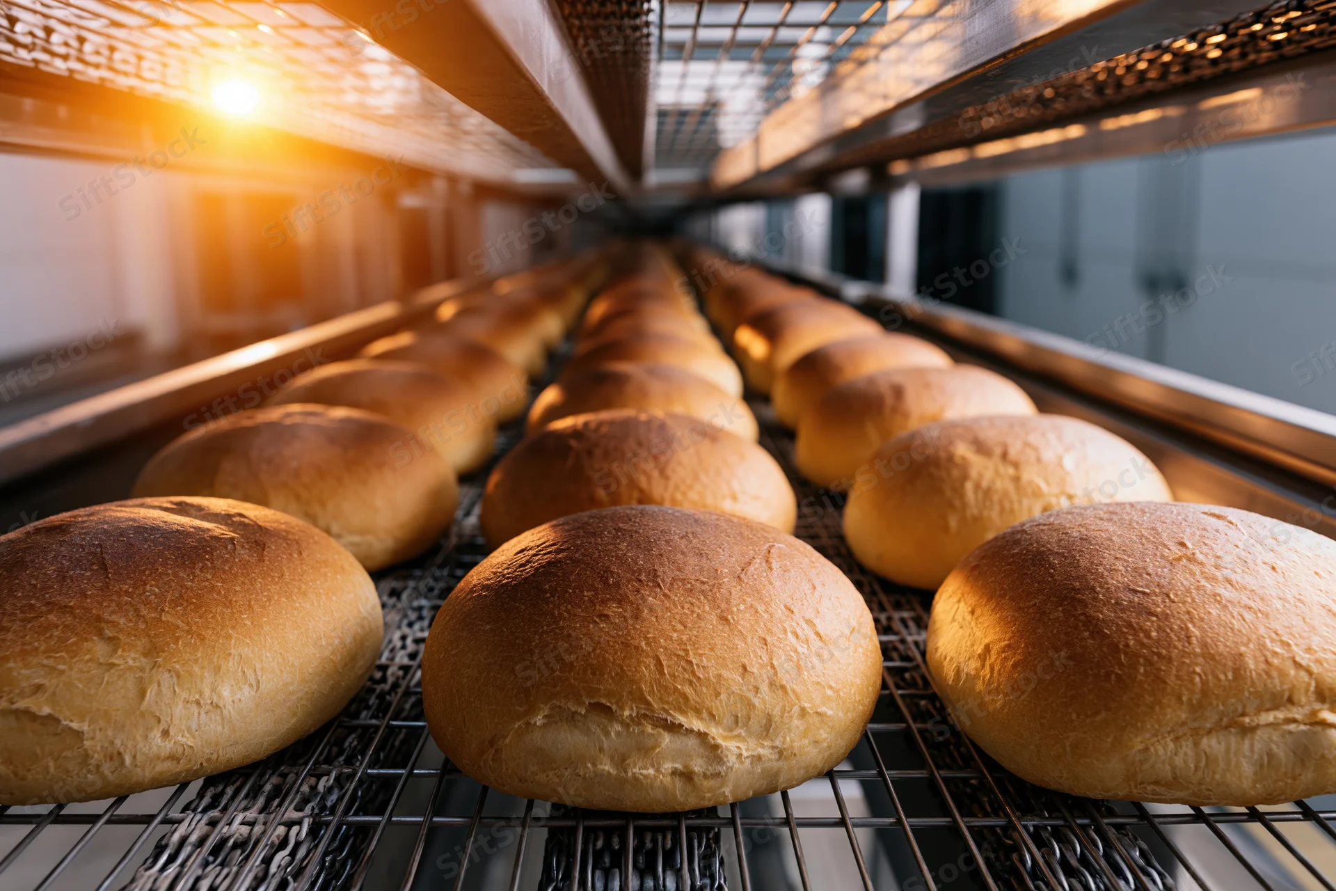 Rows of freshly baked round bread loaves cooling on metal wire racks in an industrial bakery setting