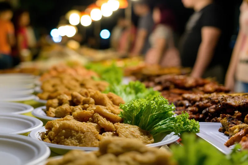 Rows of fried and grilled street food with fresh lettuce on white plates at a night market