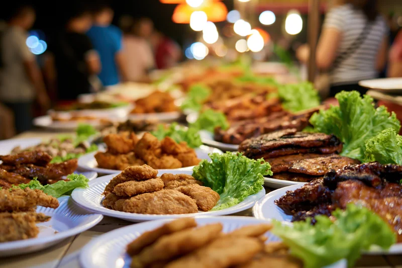 Rows of fried and grilled street food with fresh lettuce on plates at a night market