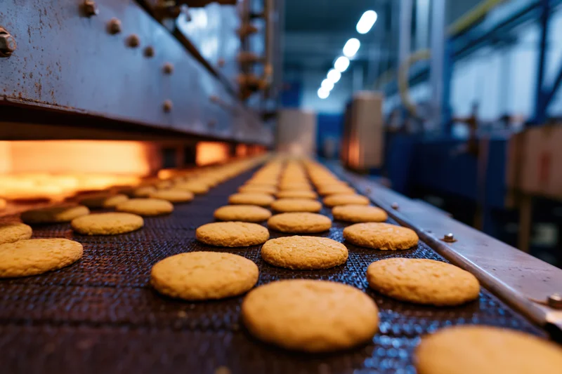 Golden-brown cookies moving along a dark industrial conveyor belt in a bakery factory