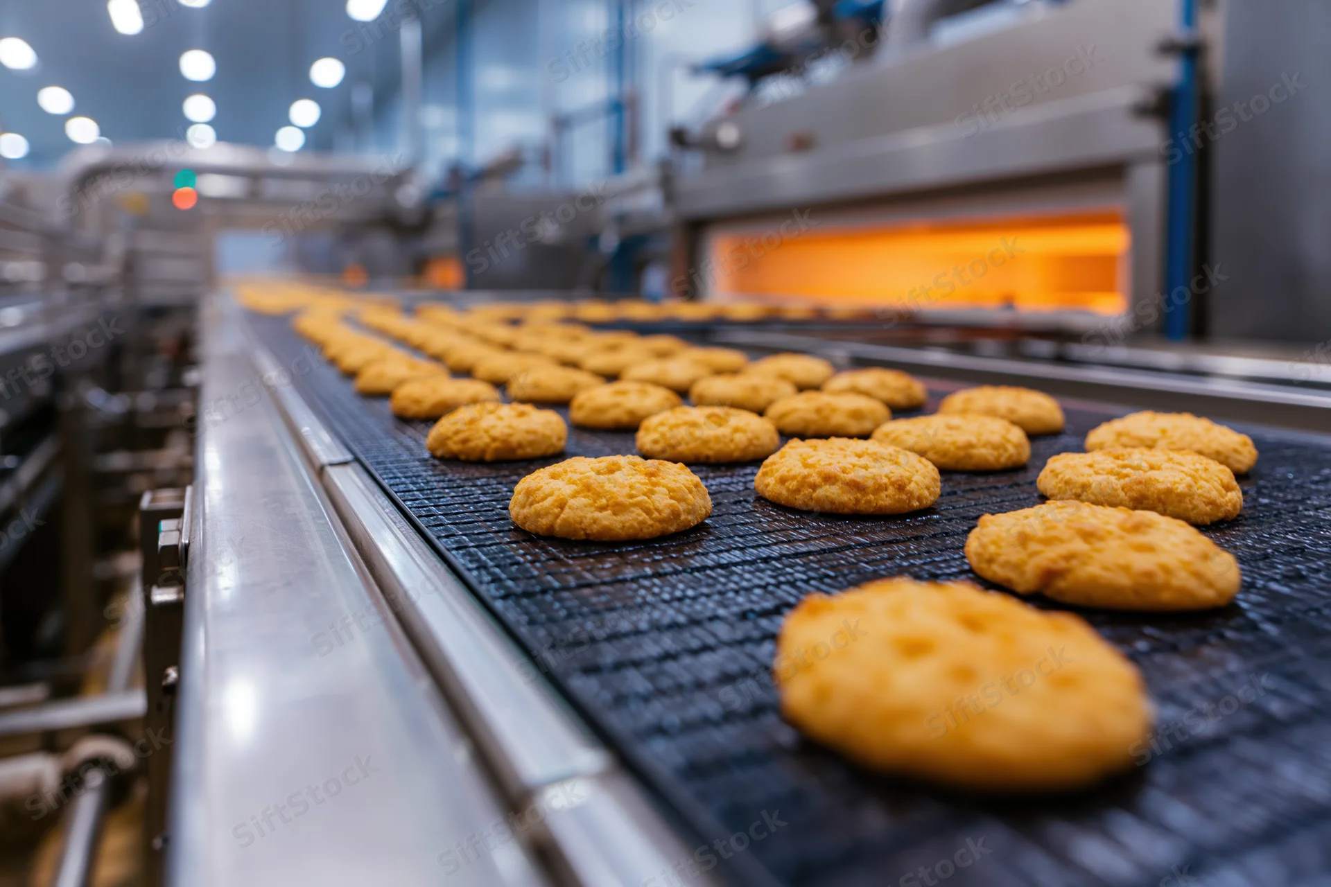 Golden-brown round cookies moving along a conveyor belt in a factory bakery production line