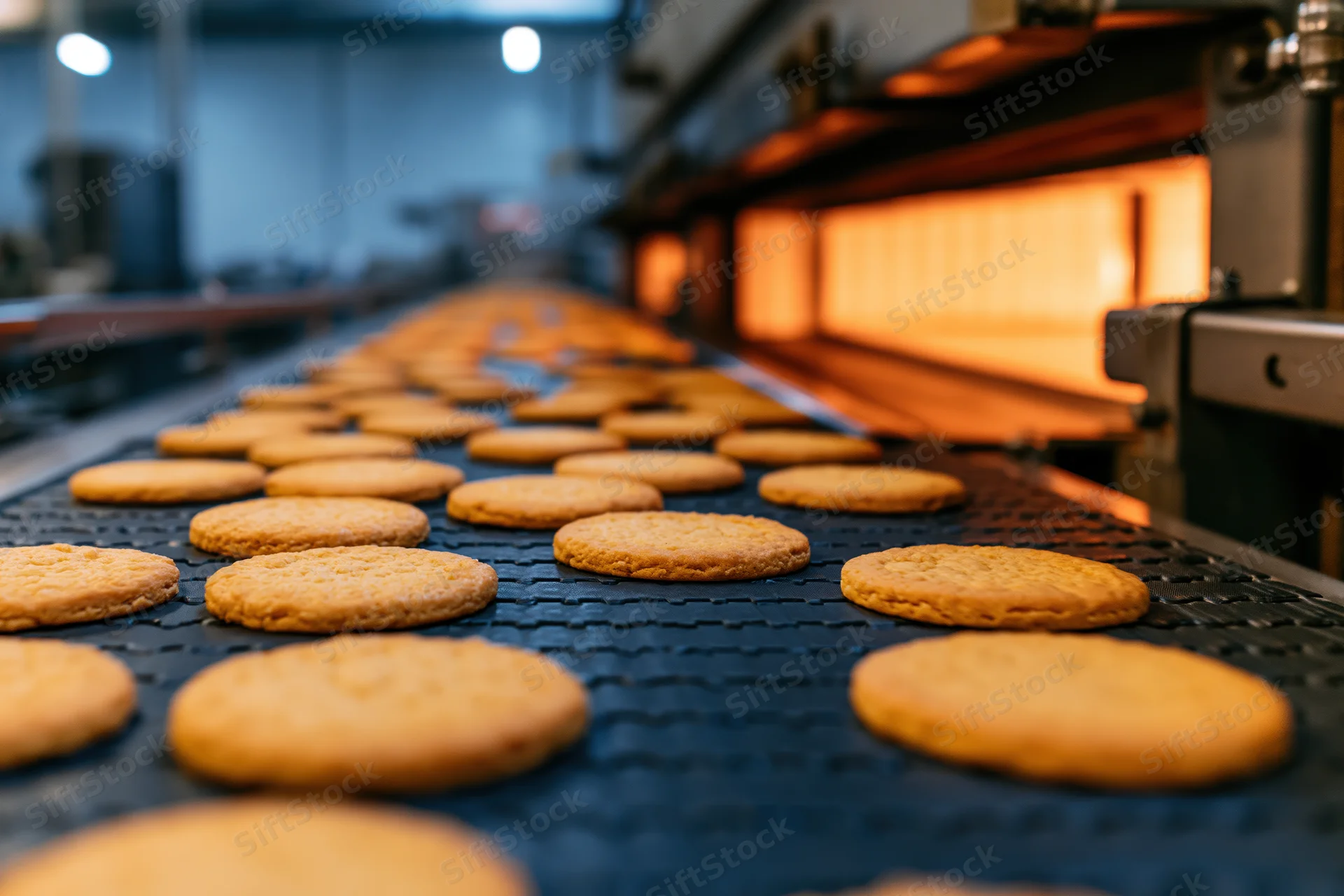 Golden round cookies moving along a conveyor belt in an industrial bakery production line
