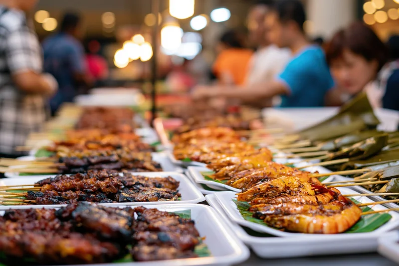 Rows of grilled prawns and meat skewers arranged on white plates at a street food market