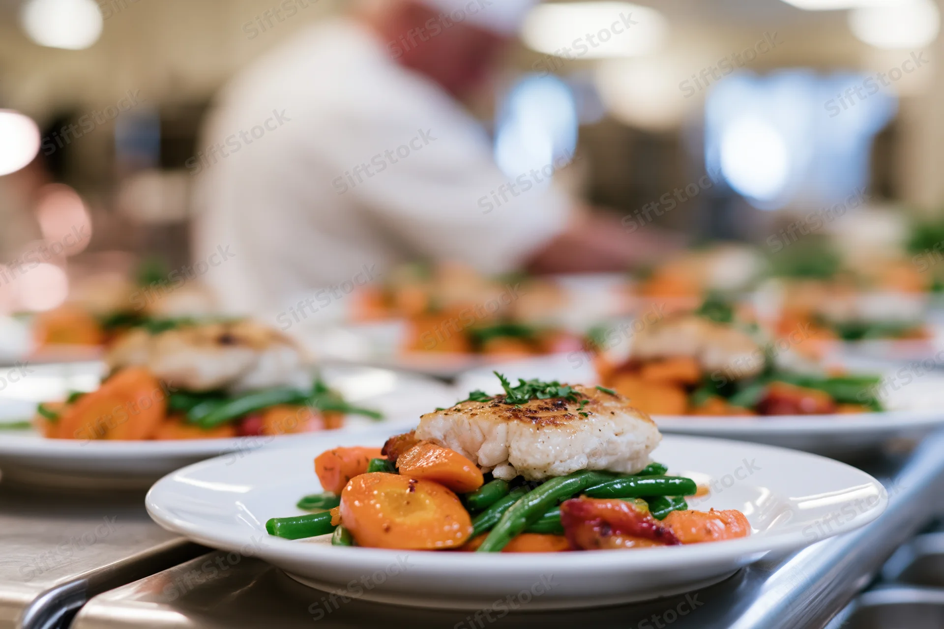 Rows of identical plated fish dishes with carrots and green beans on stainless steel surface in restaurant kitchen