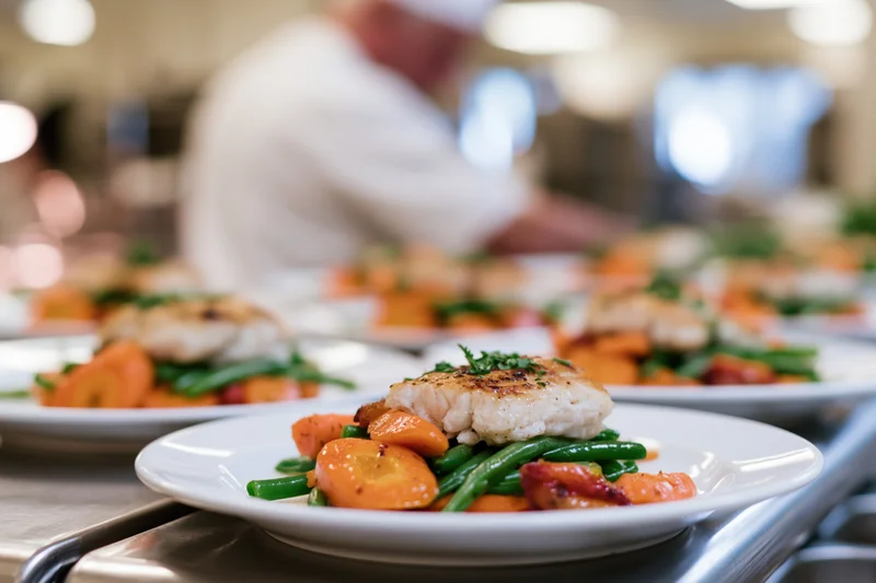 Rows of identical plated fish dishes with carrots and green beans on stainless steel surface in restaurant kitchen