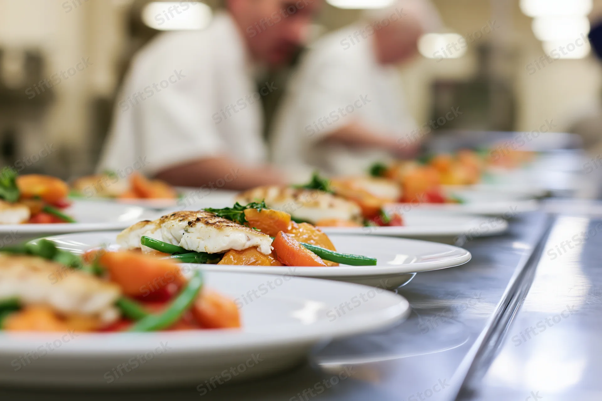 Rows of identical plated fish dishes lined up on a stainless steel counter in a professional kitchen with chefs in the background