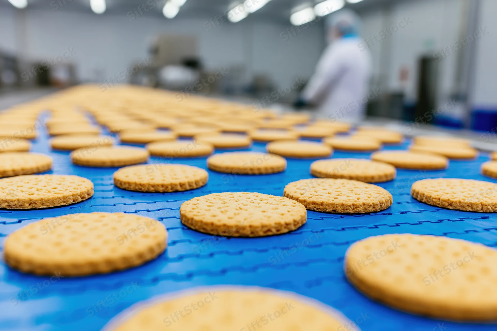 Round golden cookies arranged in grid on blue conveyor belt in food factory