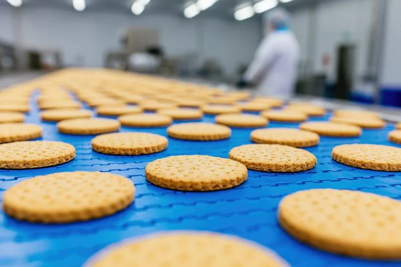 Round golden cookies arranged in grid on blue conveyor belt in food factory