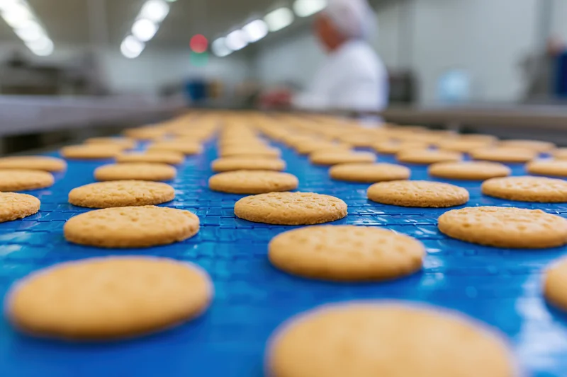 Rows of golden round cookies moving along a blue conveyor belt in a food factory interior