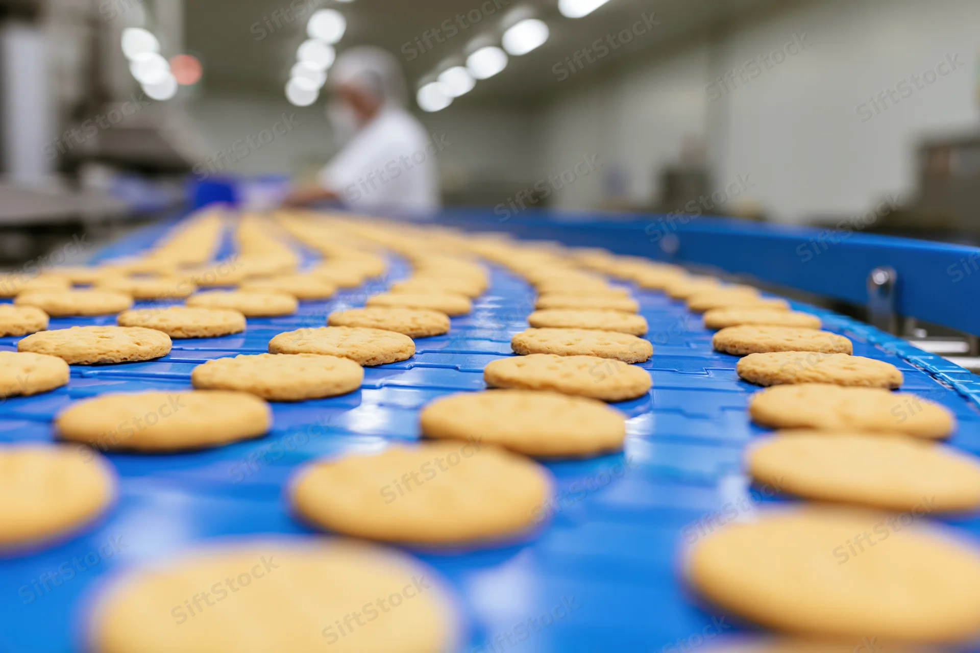 Round golden cookies moving along a blue conveyor belt in a bakery factory