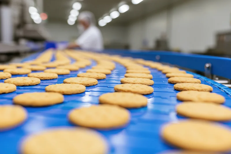 Round golden cookies moving along a blue conveyor belt in a bakery factory