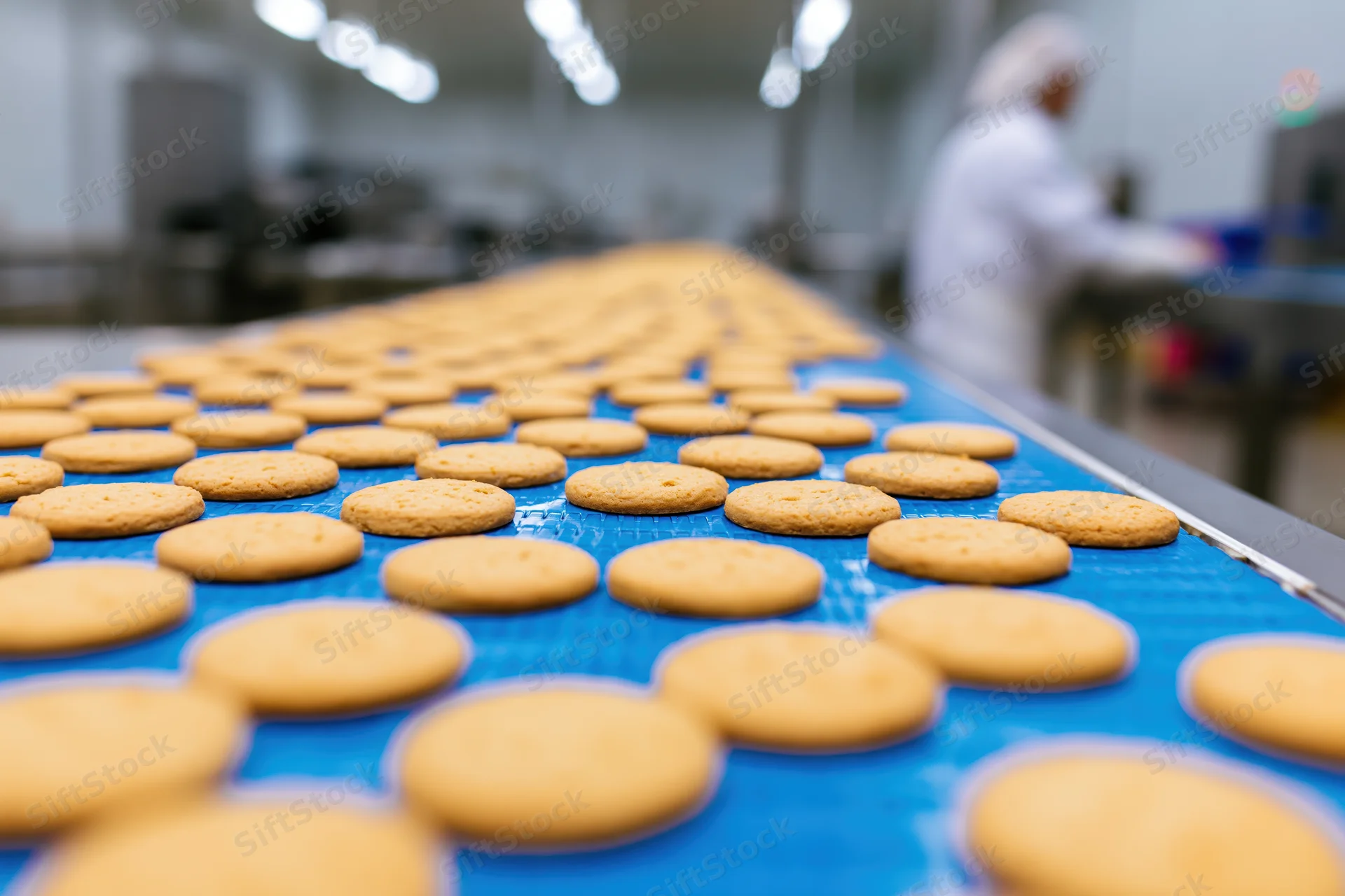Round golden cookies arranged in grid pattern moving along blue conveyor belt in bakery factory