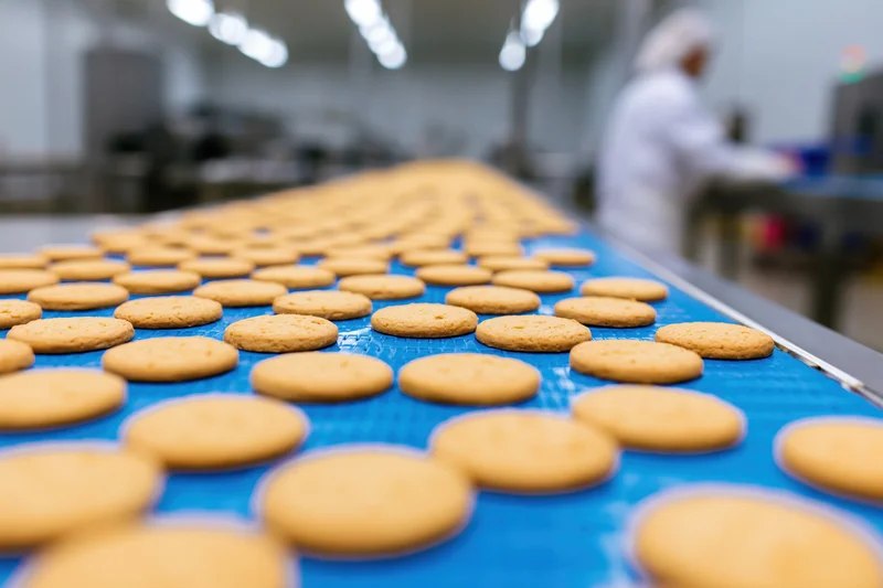 Round golden cookies arranged in grid pattern moving along blue conveyor belt in bakery factory