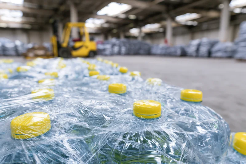 Shrink-wrapped plastic bottles with yellow caps arranged in rows inside a warehouse with a forklift in the background