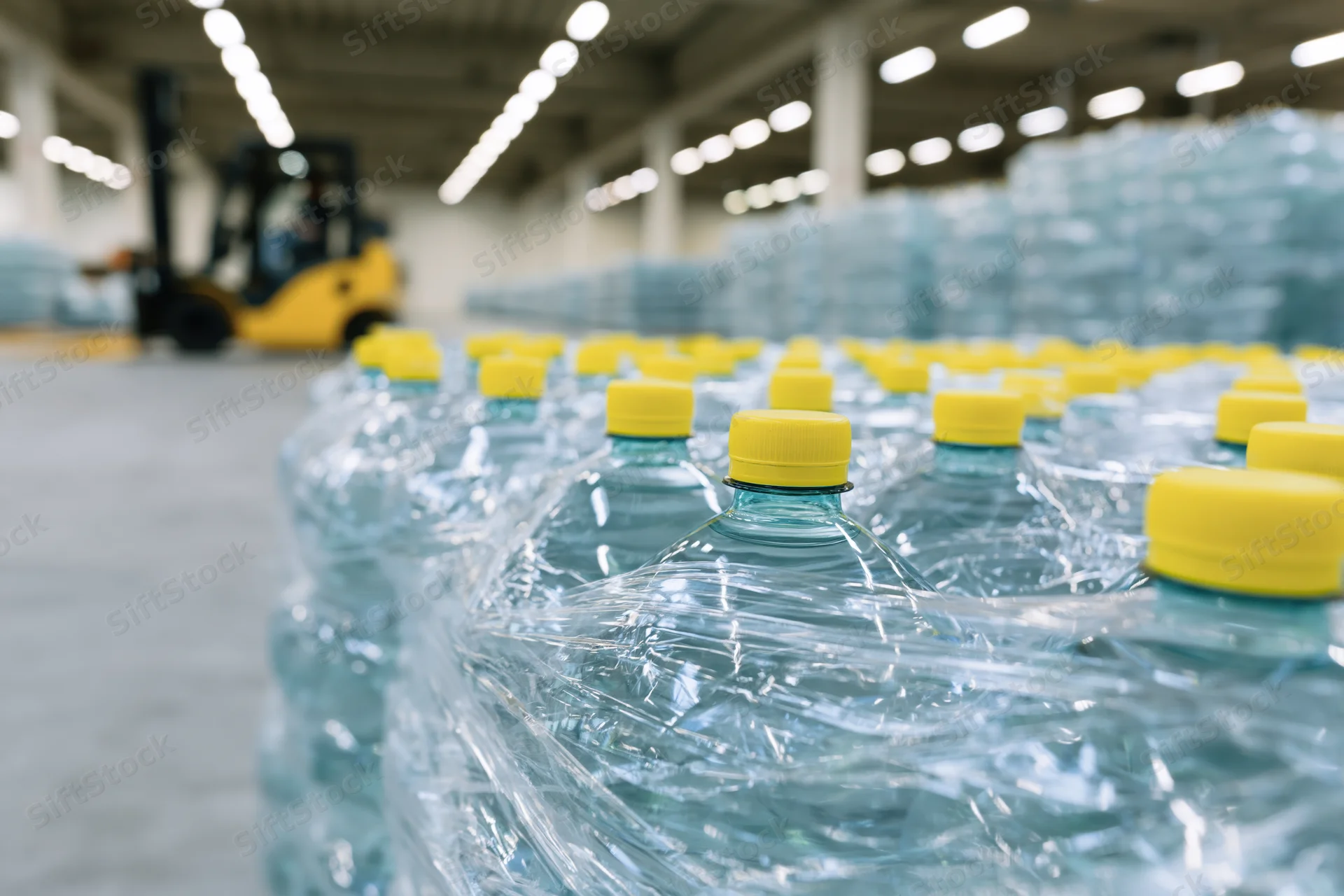 Shrink-wrapped plastic water bottles with yellow caps stacked in rows inside a warehouse with a forklift in the background