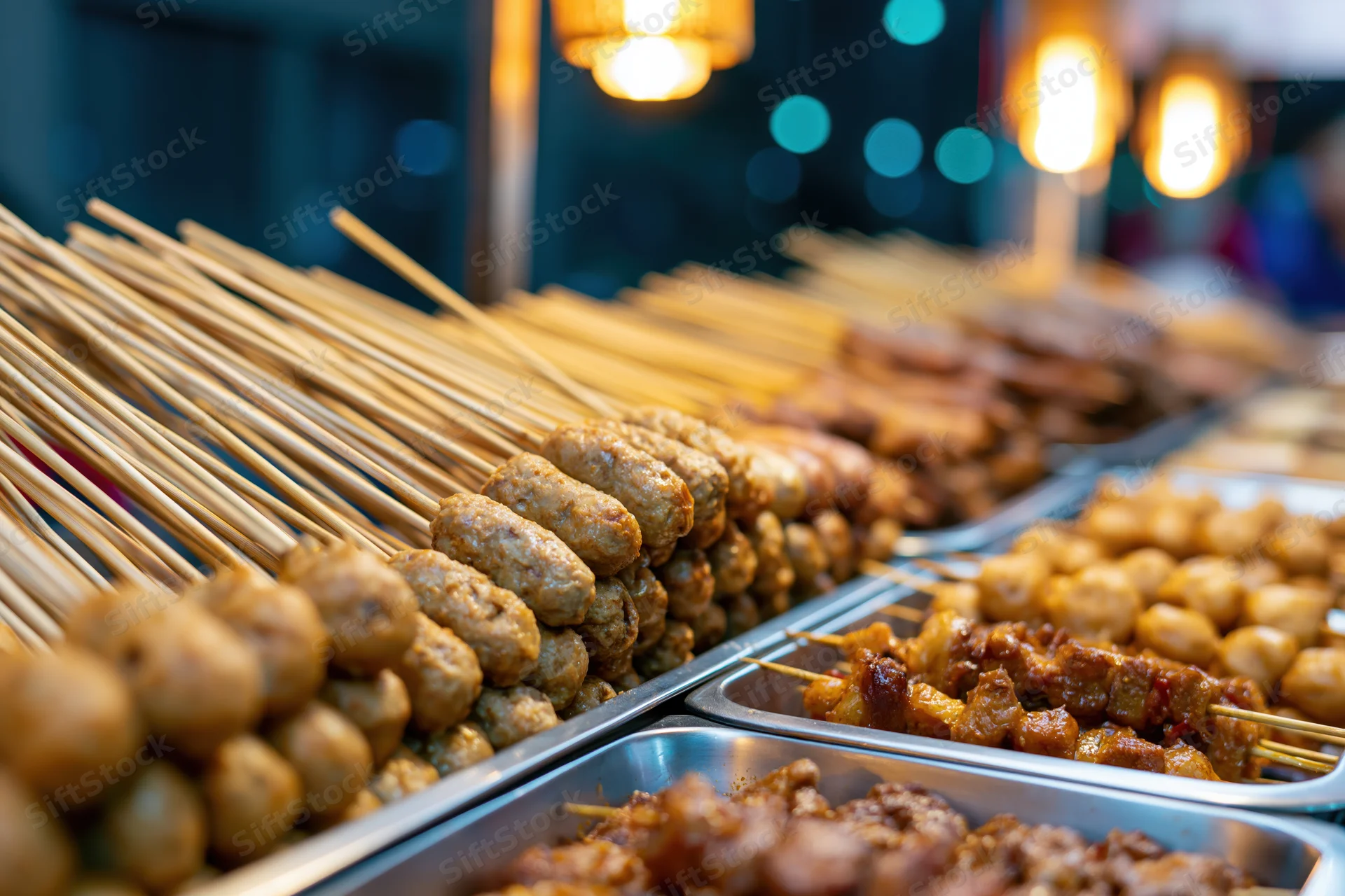 Rows of skewered meatballs and satay displayed in stainless steel trays at a night market