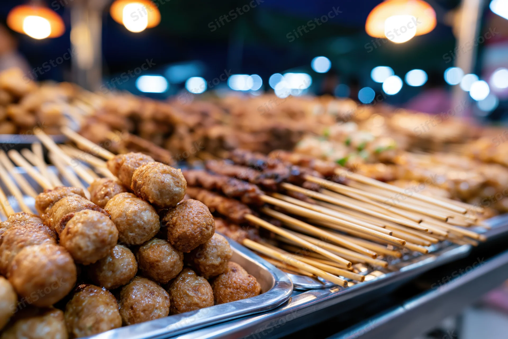 Skewered meatballs and grilled meats arranged on stainless steel trays at a night market food stall