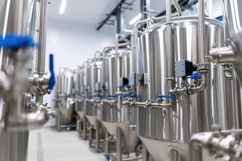 Rows of stainless steel brewing tanks with interconnected pipes in a modern brewery interior