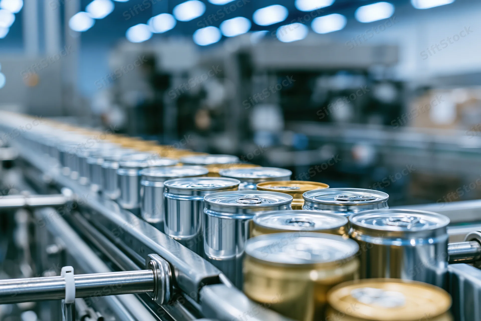 Aluminum cans moving along a conveyor belt in a factory production line