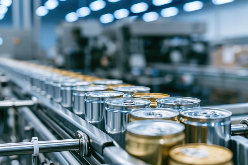 Aluminum cans moving along a conveyor belt in a factory production line