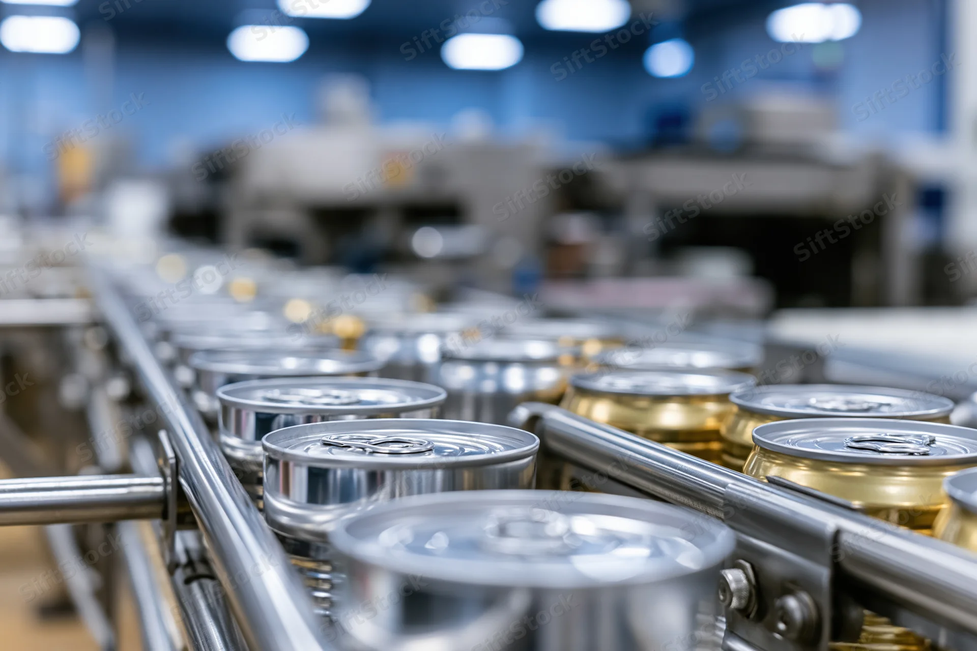 Aluminum cans moving along a conveyor line in a factory