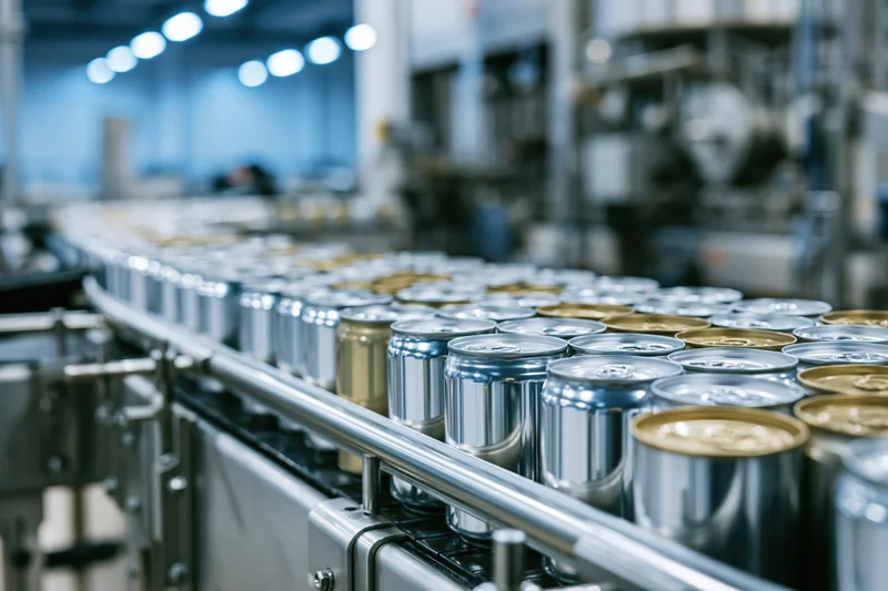 Aluminum cans moving along a conveyor line in a factory