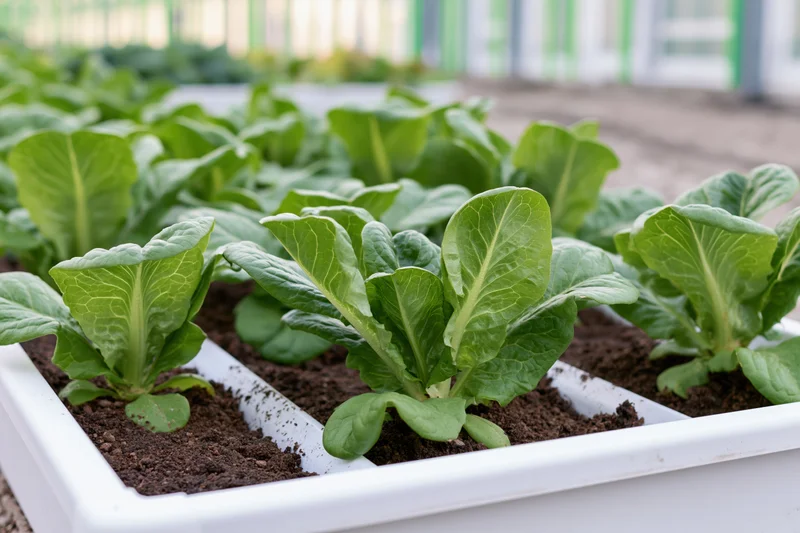 Young romaine lettuce growing in white rectangular containers in a greenhouse