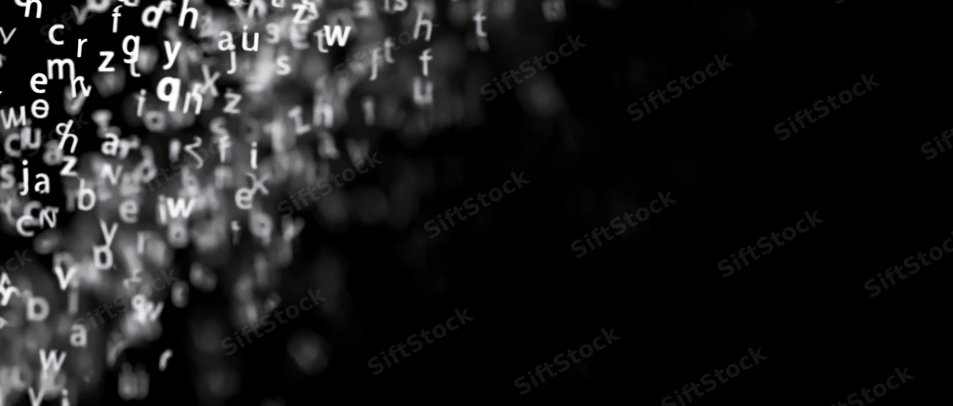 Lowercase letters floating and drifting upward against a black background