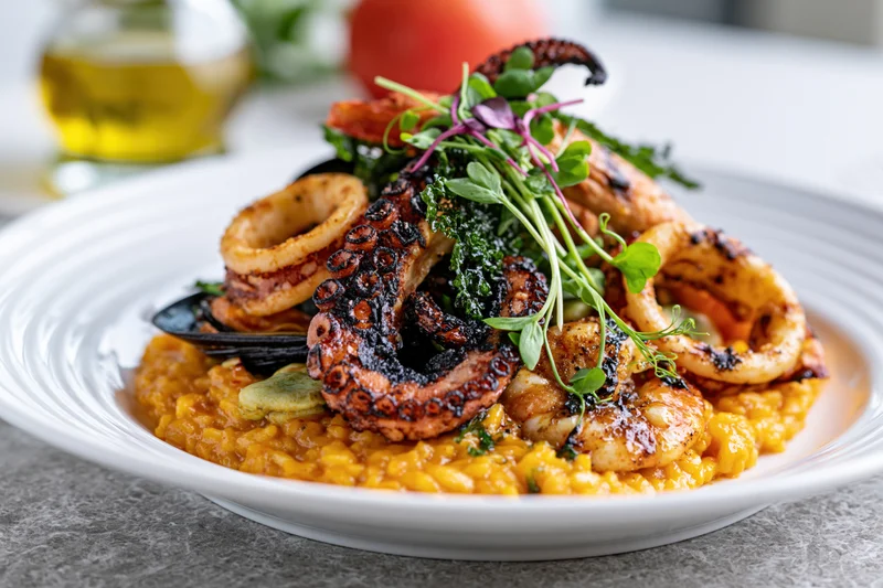 Grilled octopus and calamari on risotto with microgreens garnish on white ceramic plate