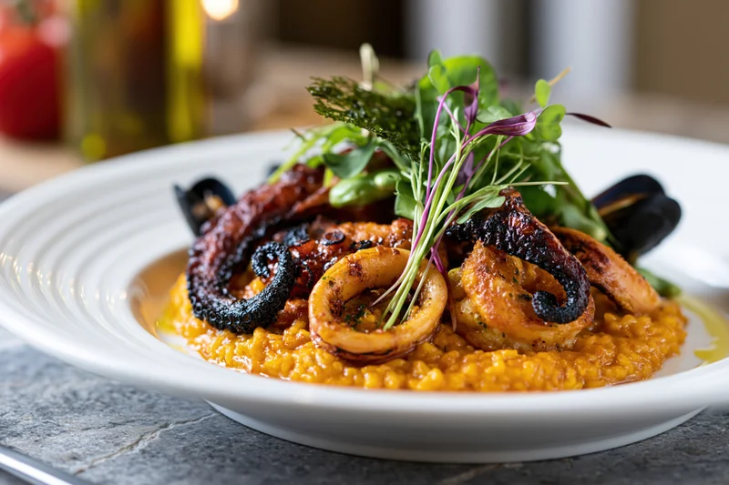 Grilled octopus served on orange risotto with greens and mussels on a white ceramic plate