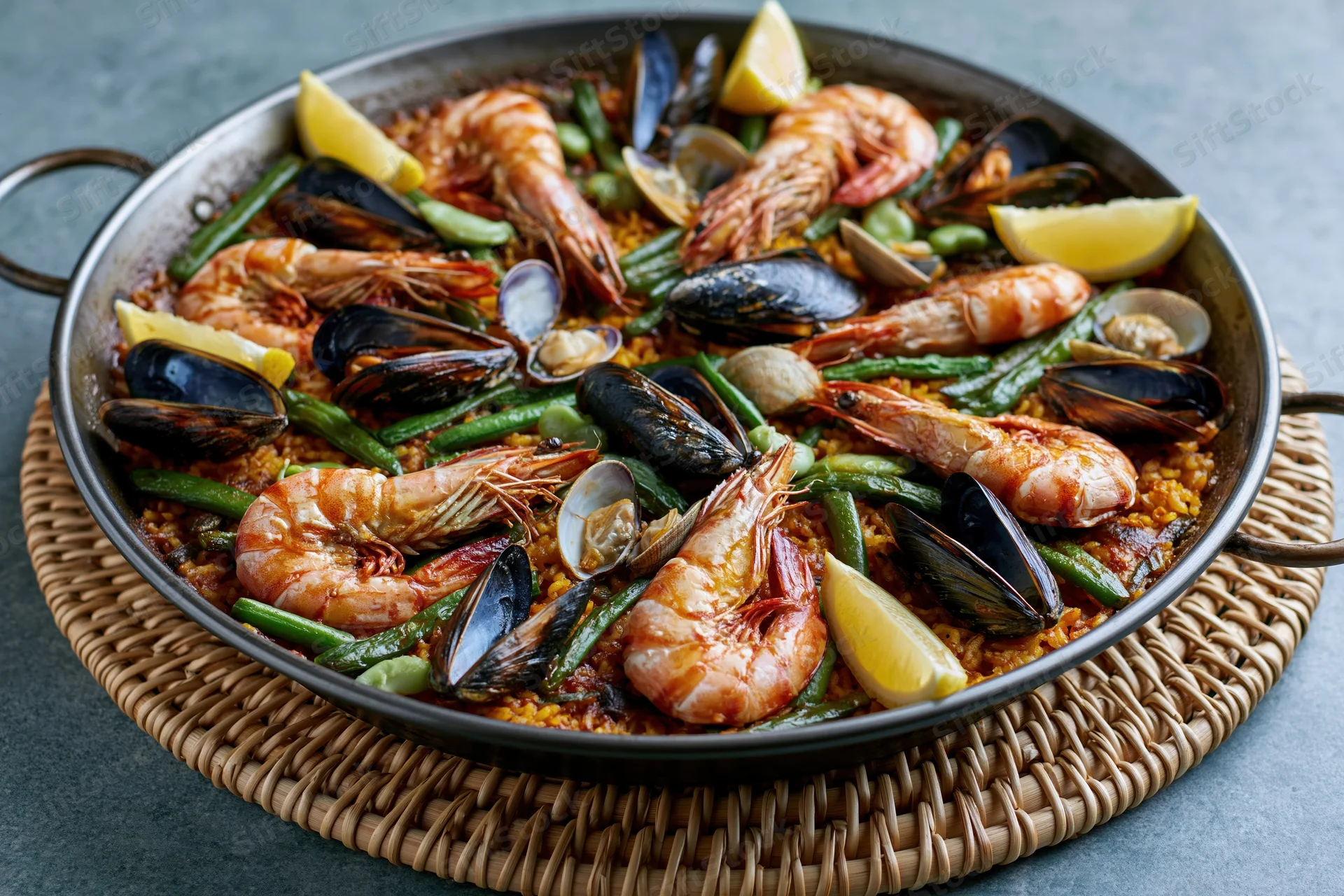 Seafood paella with shrimp, mussels, clams, green beans and lemon wedges in a wide dark steel pan on a woven mat