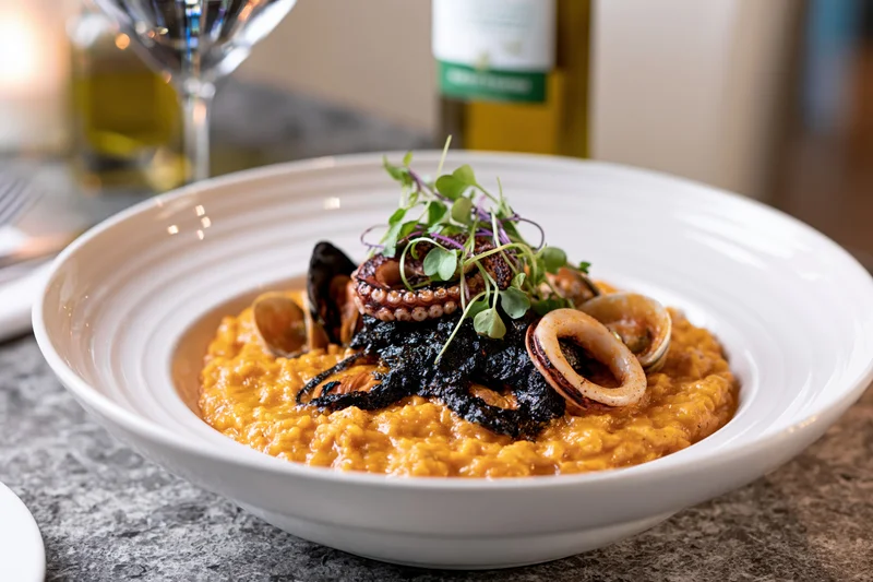 Seafood risotto with octopus, squid, and clams in a white ceramic bowl on a marble table