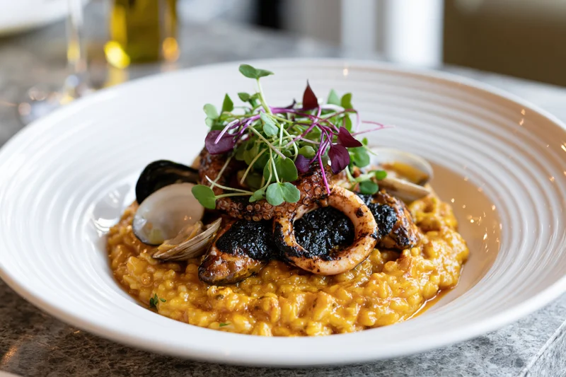Seafood risotto with grilled octopus and clams topped with microgreens served in a wide white ceramic bowl on a marble table