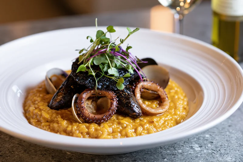 Seafood risotto with octopus and clams in a white ceramic bowl on a stone countertop