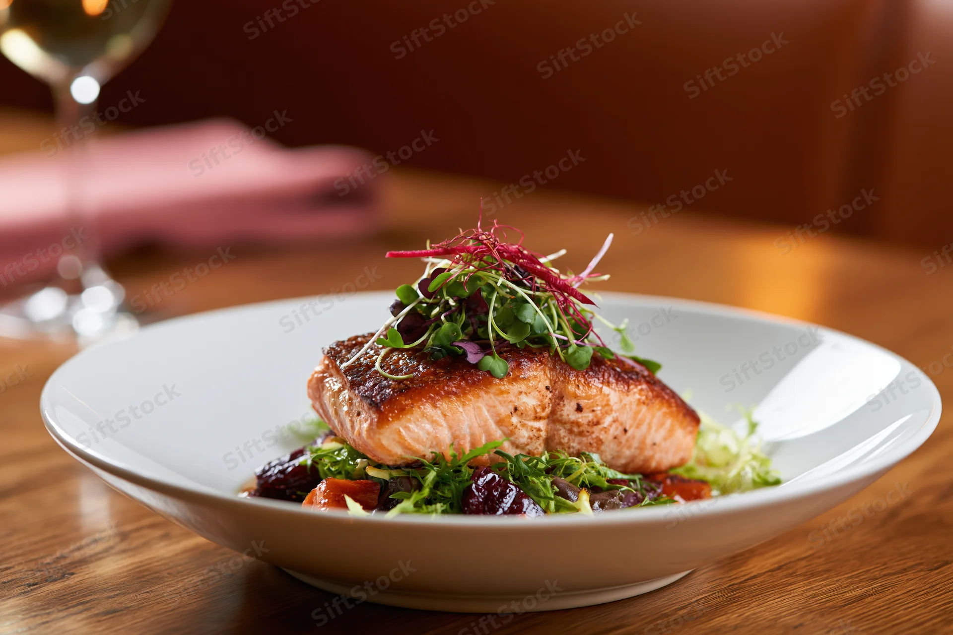 Seared salmon fillet topped with microgreens and red garnish on a white plate at a restaurant table