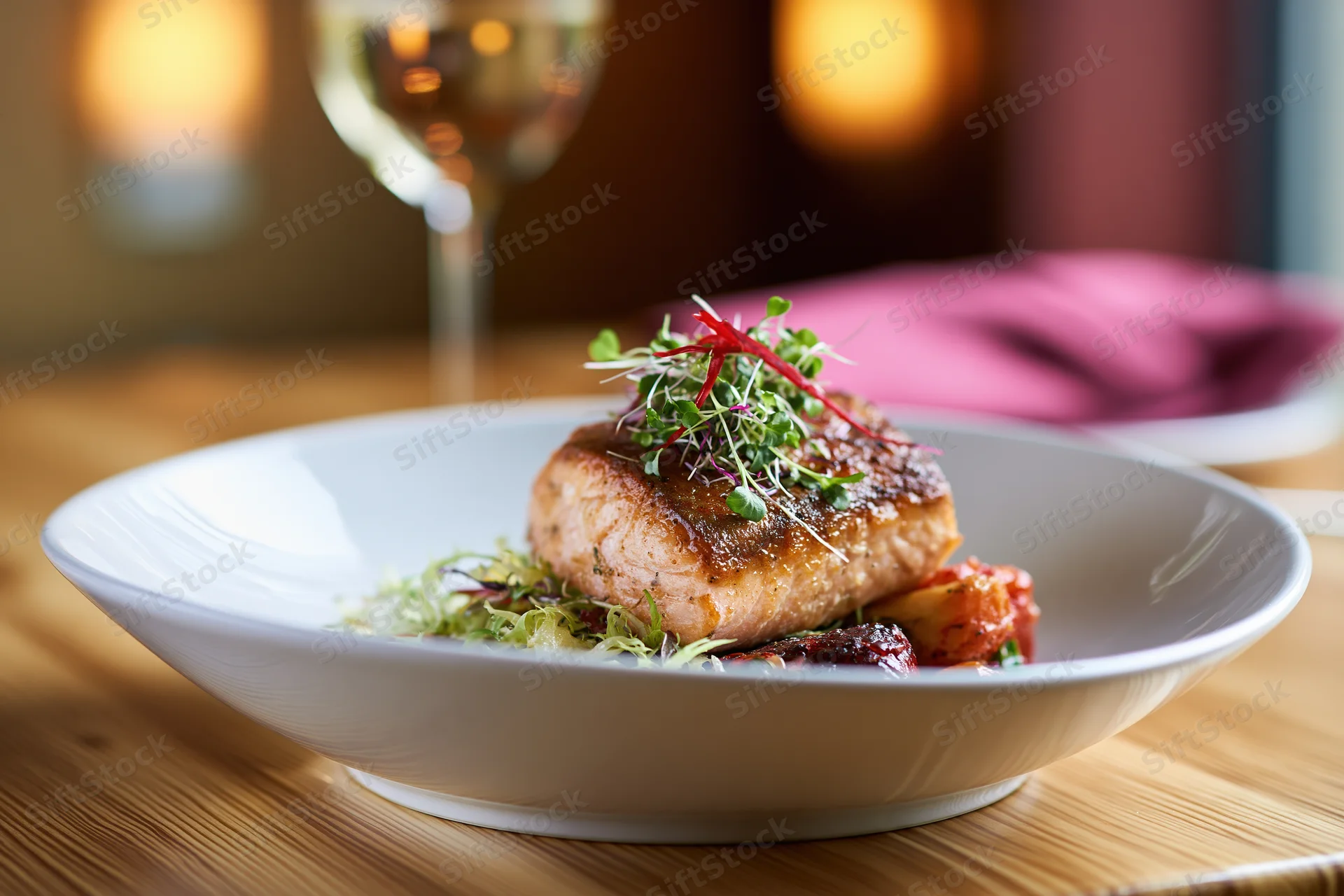 Seared salmon fillet topped with microgreens and red garnish on a white plate at a restaurant table