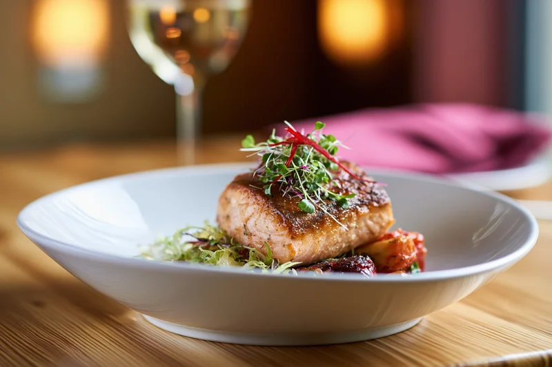 Seared salmon fillet topped with microgreens and red garnish on a white plate at a restaurant table