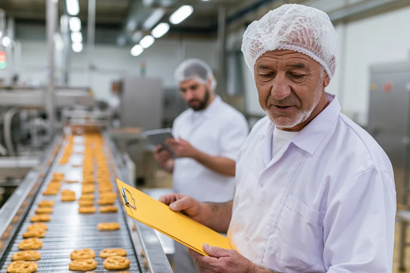 Senior worker inspecting cookies on conveyor belt in food factory