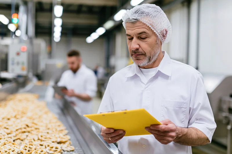 Senior man in white hygiene uniform inspecting snacks on conveyor belt in food factory