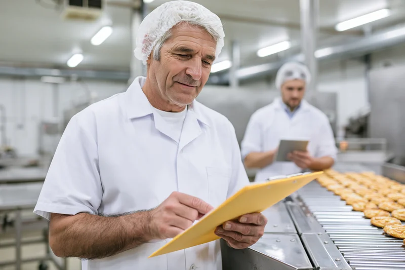 Senior man in white hygiene uniform inspecting cookies on conveyor belt in food factory